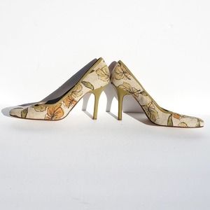 Heels Floral Print SPRING Fabric GREEN Leather Shoes Cutout NINE WEST Sz 8.5 M